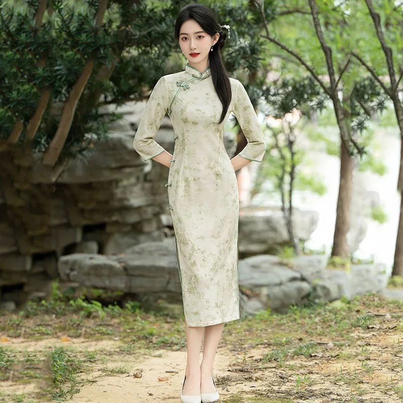【绿色蝴蝶070】倩倩年轻款春秋长袖新中式日常中国风苏州旗袍
