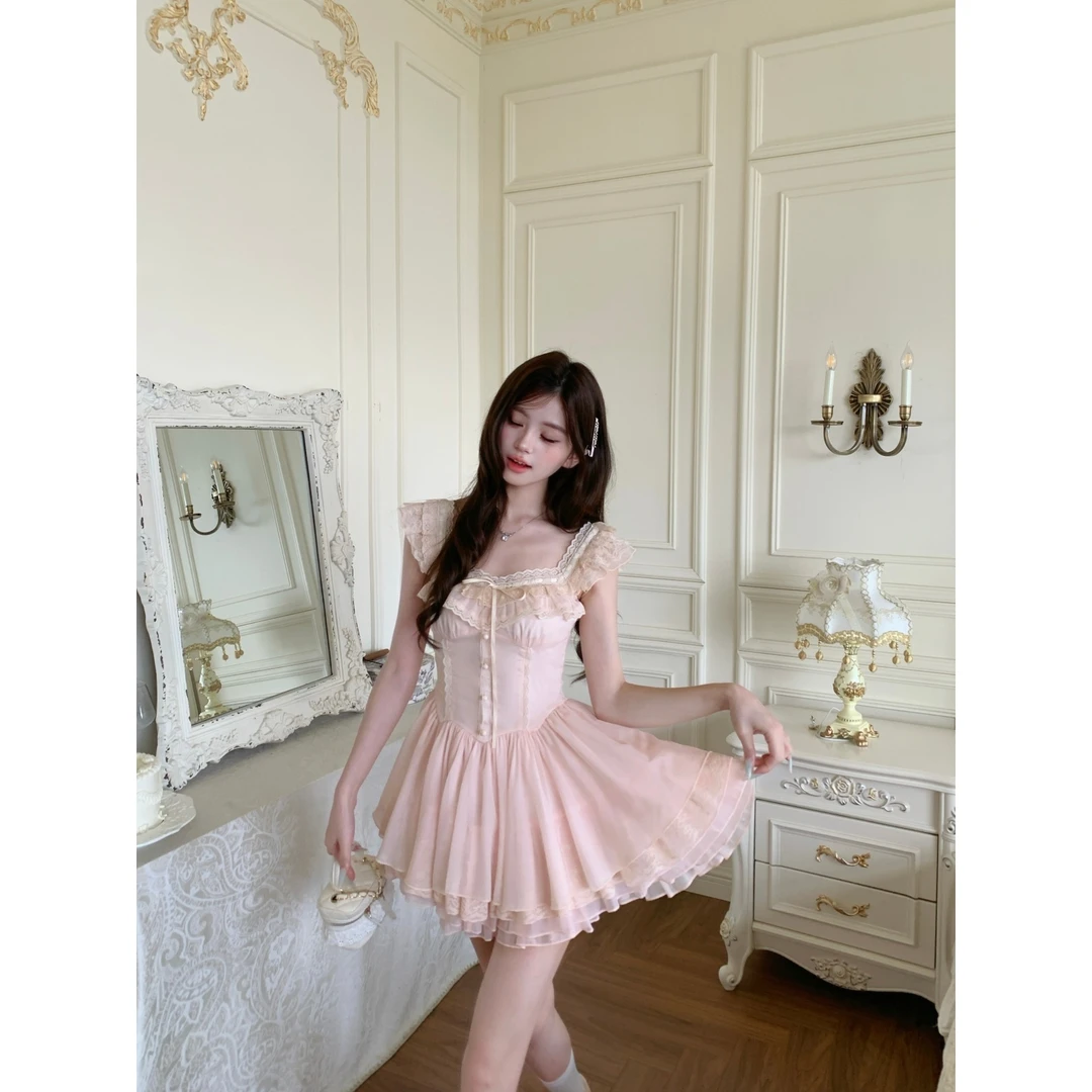 越韩小鱼Musefish 梦回芭蕾 法式甜美蕾丝边收腰夏季粉色连衣裙女