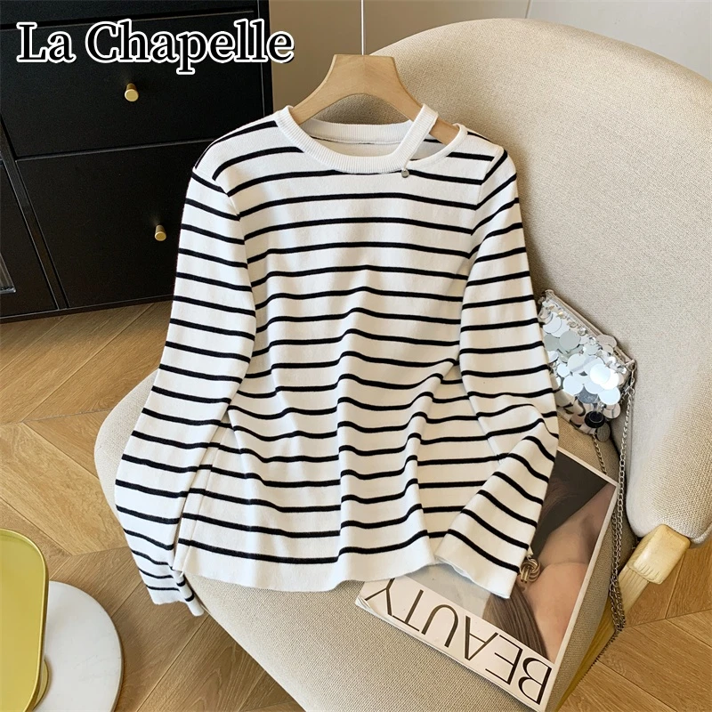 拉夏贝尔秋季新款圆领条纹长袖针织衫女韩版百搭宽松显瘦休闲上衣