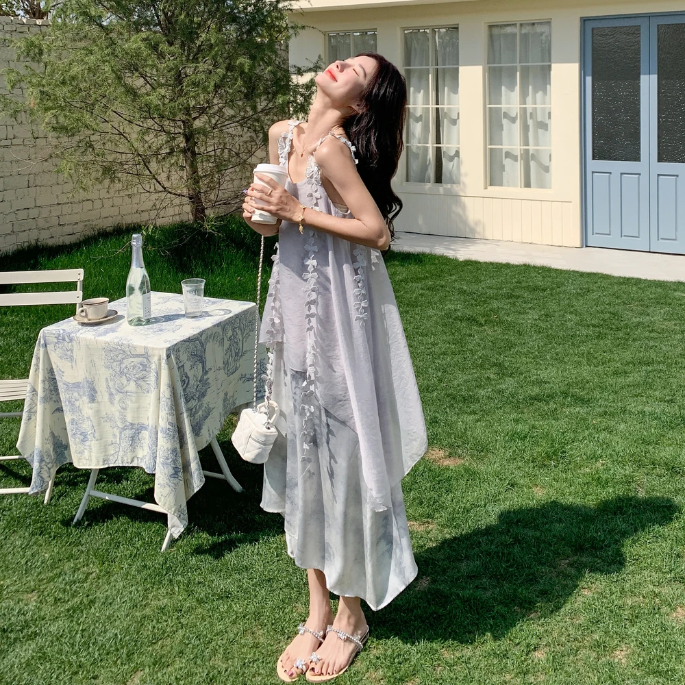 新中式国风假两件吊带连衣裙女2025夏季新款显瘦气质减龄爆款长裙