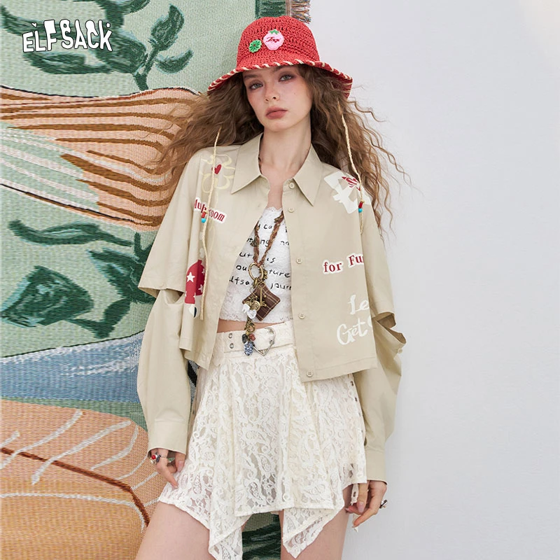 妖精的口袋原创印花短款衬衫女2025年夏季新款可拆卸长袖休闲上衣