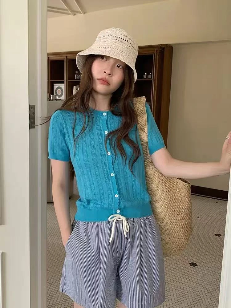 韩系设计感镂空显瘦针织短袖653342  衣长52