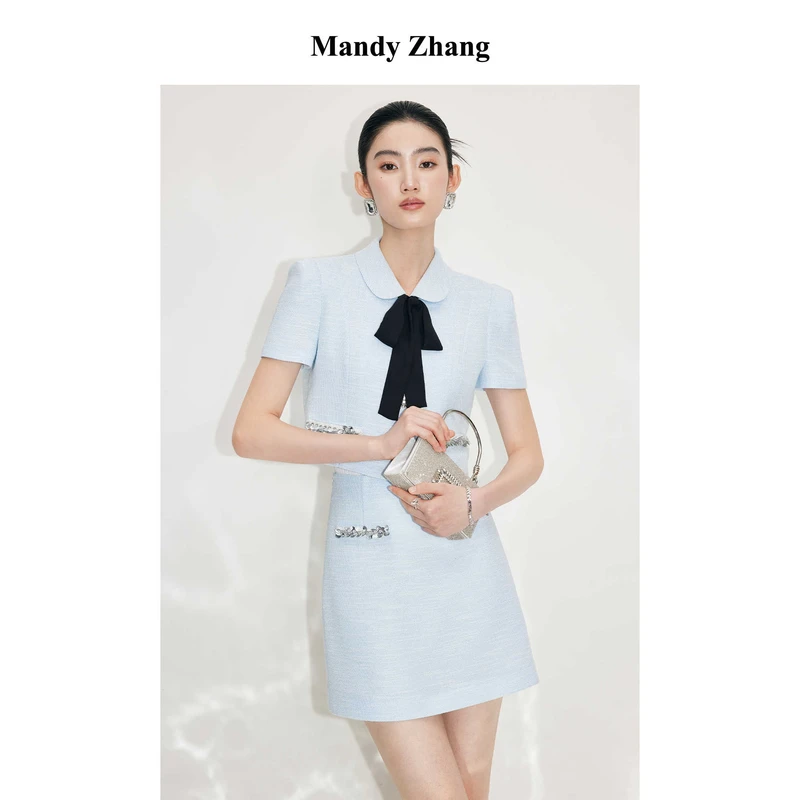 【诗语专属】MandyZhang镶钻蝴蝶结蓝色女夏欧若风短袖上衣