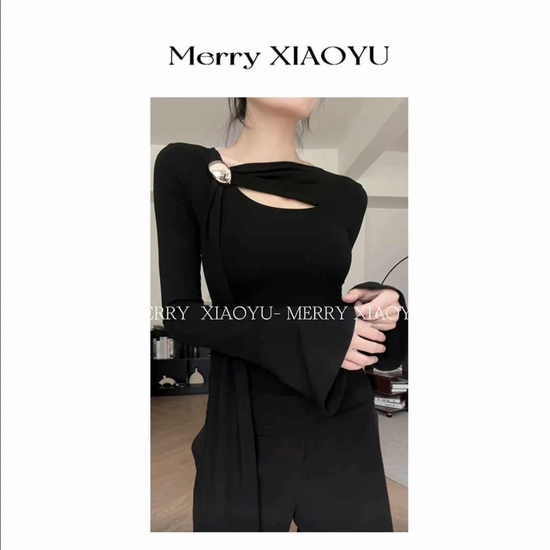 【小鱼】辣妹新款斜肩不规则飘带设计长袖显瘦百搭气质简约上衣