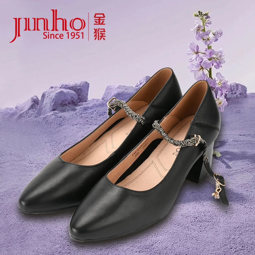 Jinho/金猴复古真皮百搭时尚粗跟浅口女单鞋550032A