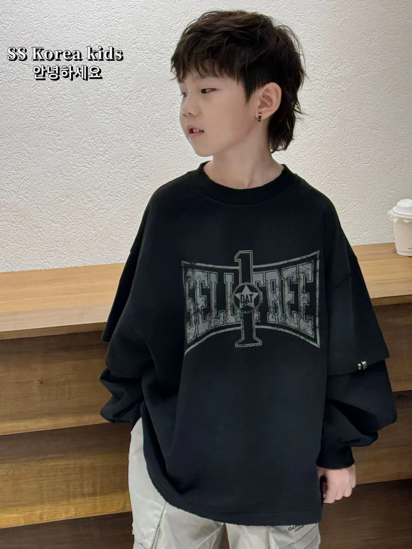 2025新款洋气韩货男女童假两件圆领卫衣82782黑色