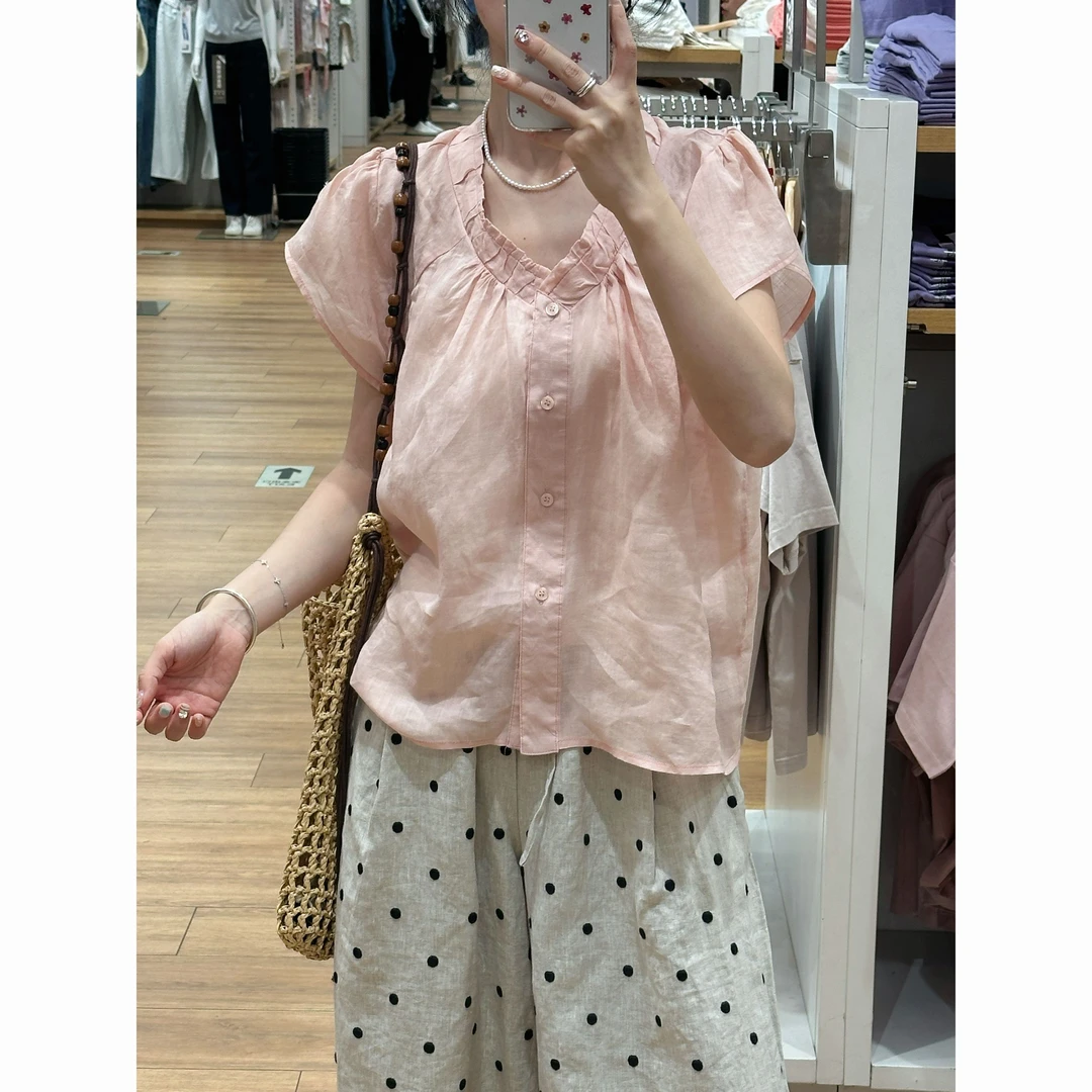 【歡囍】法式复古苎麻薄衬衫女夏季新款V领抽褶宽松系扣上衣