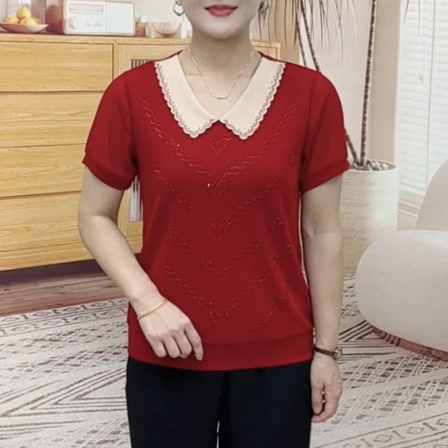 夏季新款时尚V领烫钻中老年气质妈妈装百搭显瘦洋气上衣