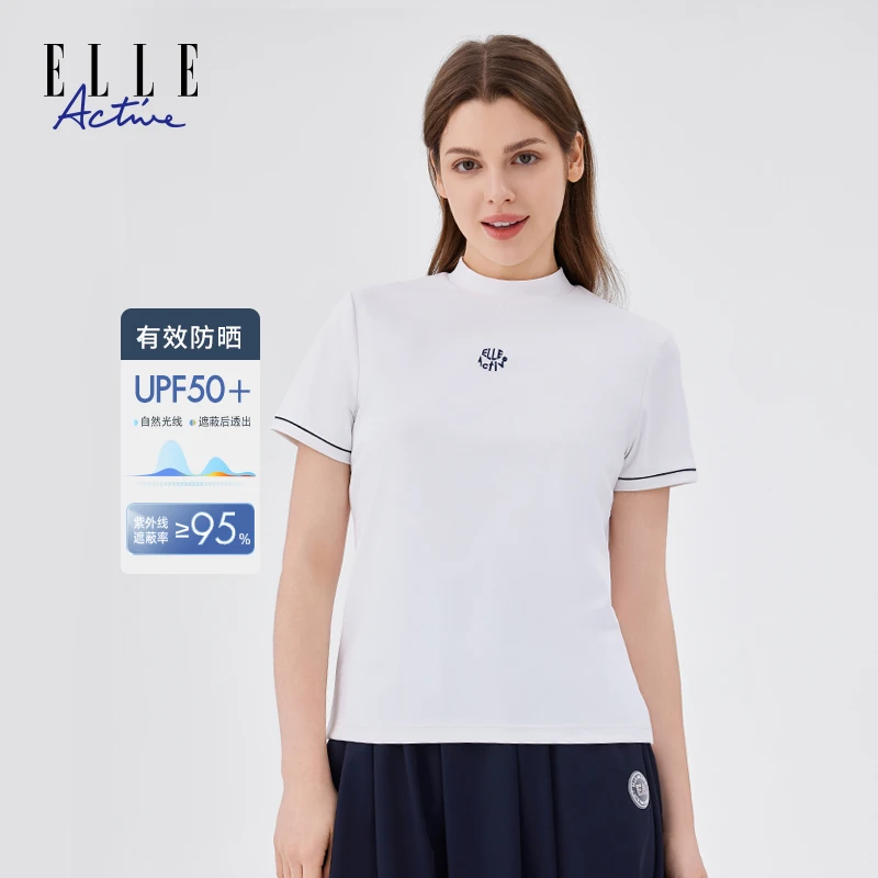 ELLE Active【UPF50+防晒t恤】夏季新款短袖百搭简约女士半高领T恤