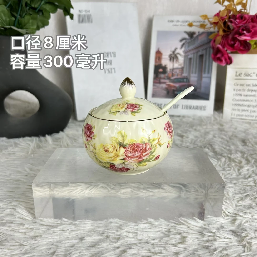 （玲珑专属）欧式陶瓷象牙黄描金圆调料罐带勺（300毫升）