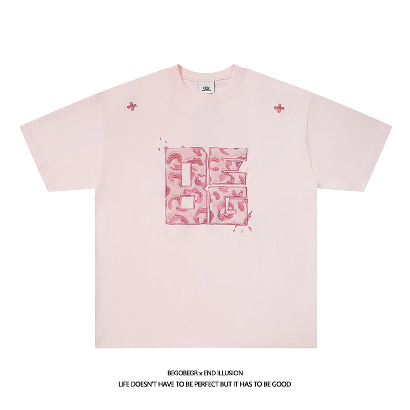 拔尖儿美式国潮牌毛绒刺绣贴布粉色豹纹字母短袖男女t恤设计感TEE