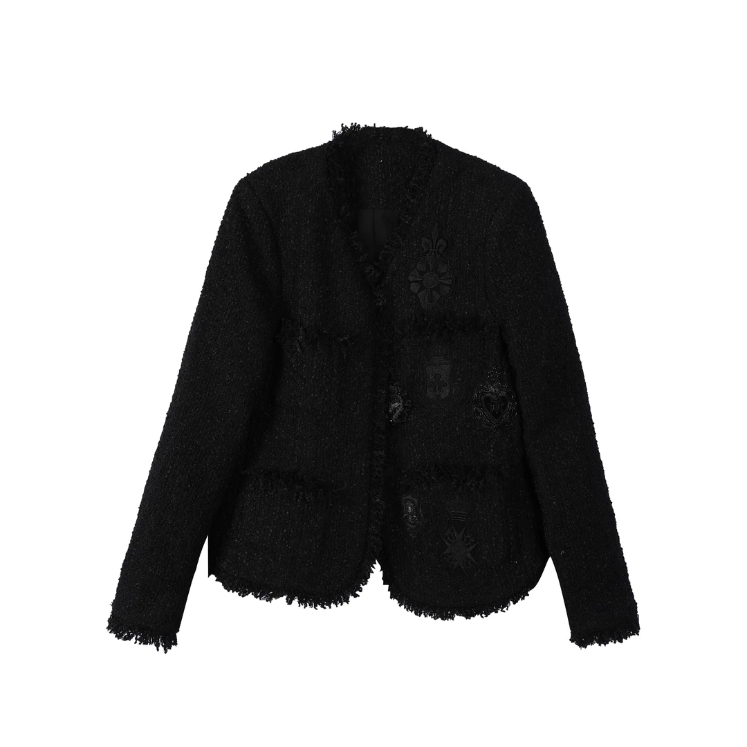 刺绣V领直筒袖短外套时尚女装黑色拼接重工百搭上衣1431