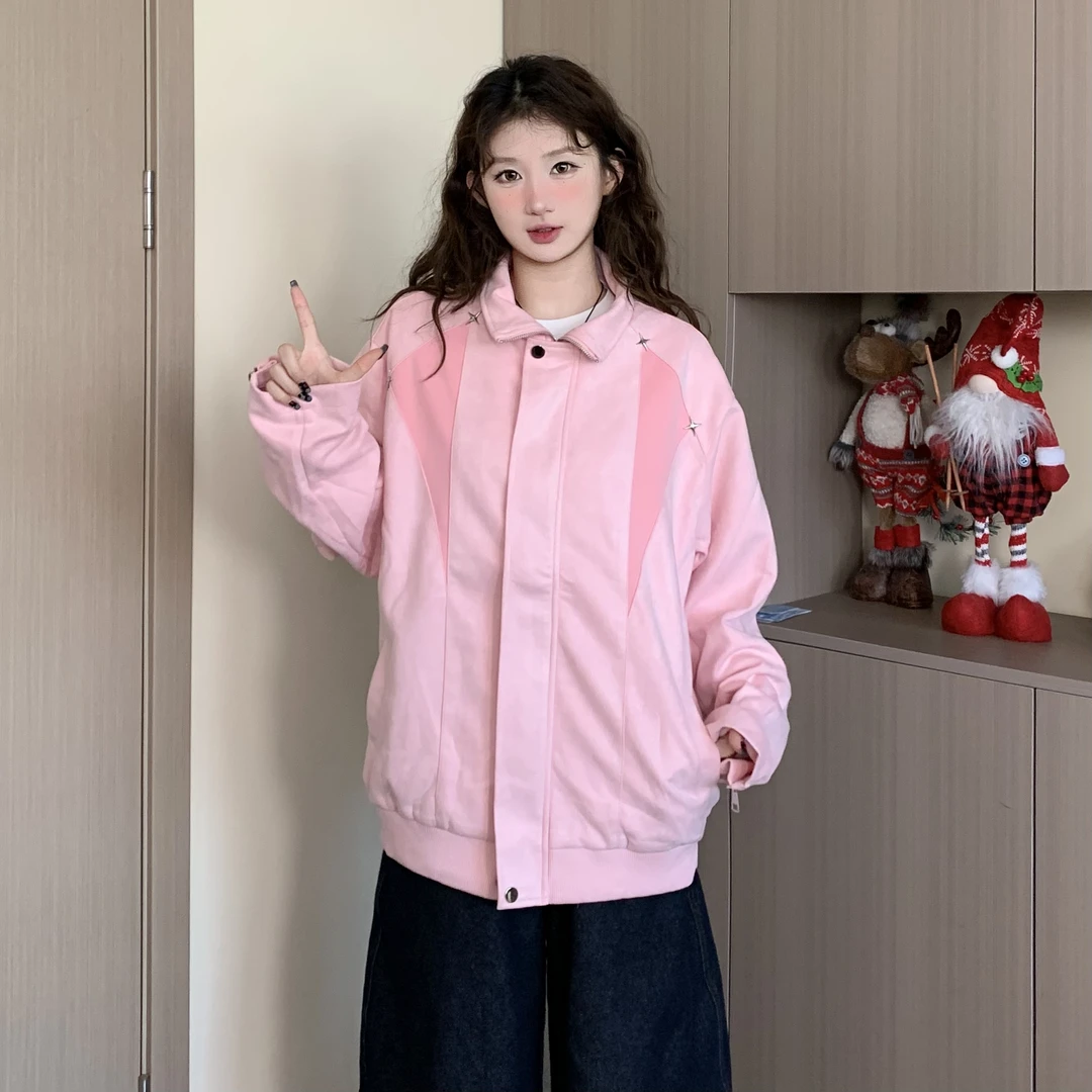 EZEK春季新款美式复古绒感撞色星星拼接翻领夹克男女宽松外套潮