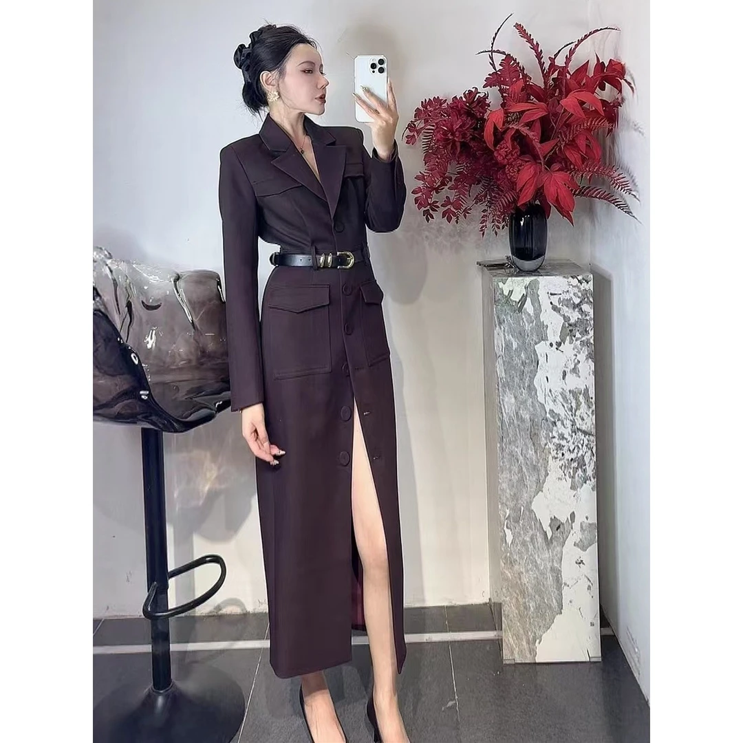 秋季新款巨好看的连衣裙时尚大气优雅收腰西装领通勤排扣长裙外套