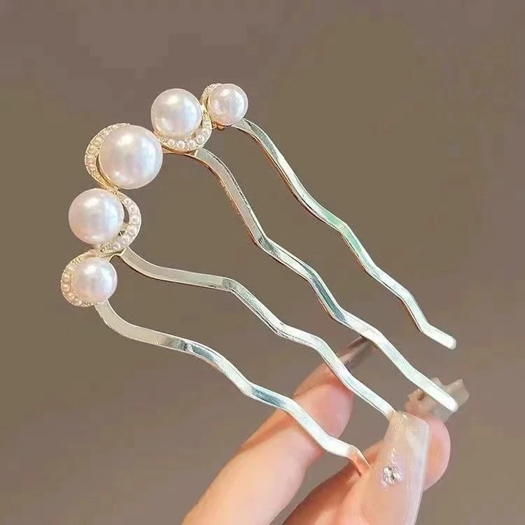 高级感u型发簪珠珠枪黑色插梳发钗古风新中式簪子盘发钗神器头饰