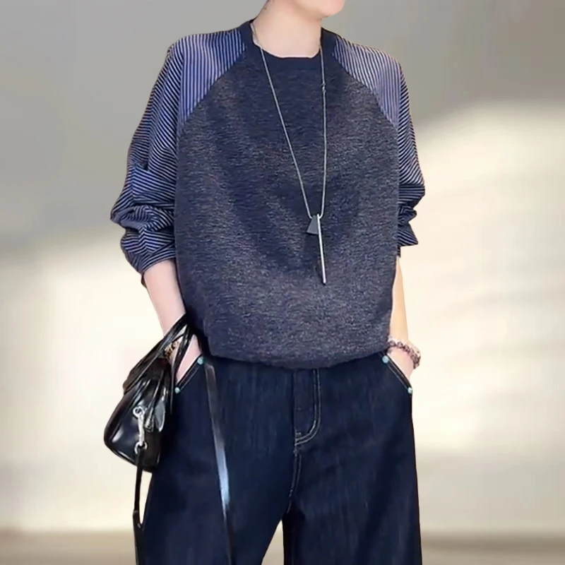 韩版拼接小众设计假两件衬衫2025年早秋新款条纹宽松大码百搭上衣