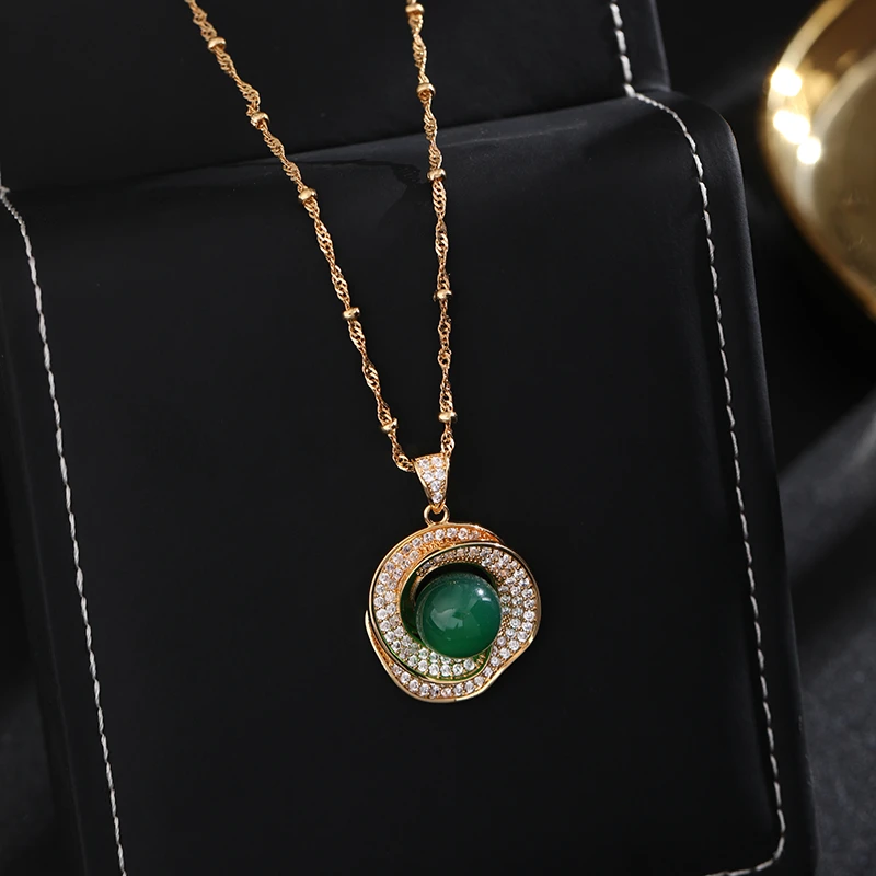 铜合金项链 《货号7393-》新中式立体绿色花朵项链（项链：47+5cm）