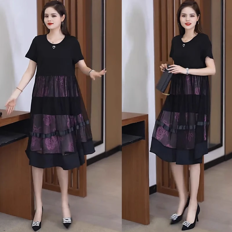 拉夏贝尔时尚后妈裙女2025夏洋气显瘦后妈装网纱拼接碎花中长裙子