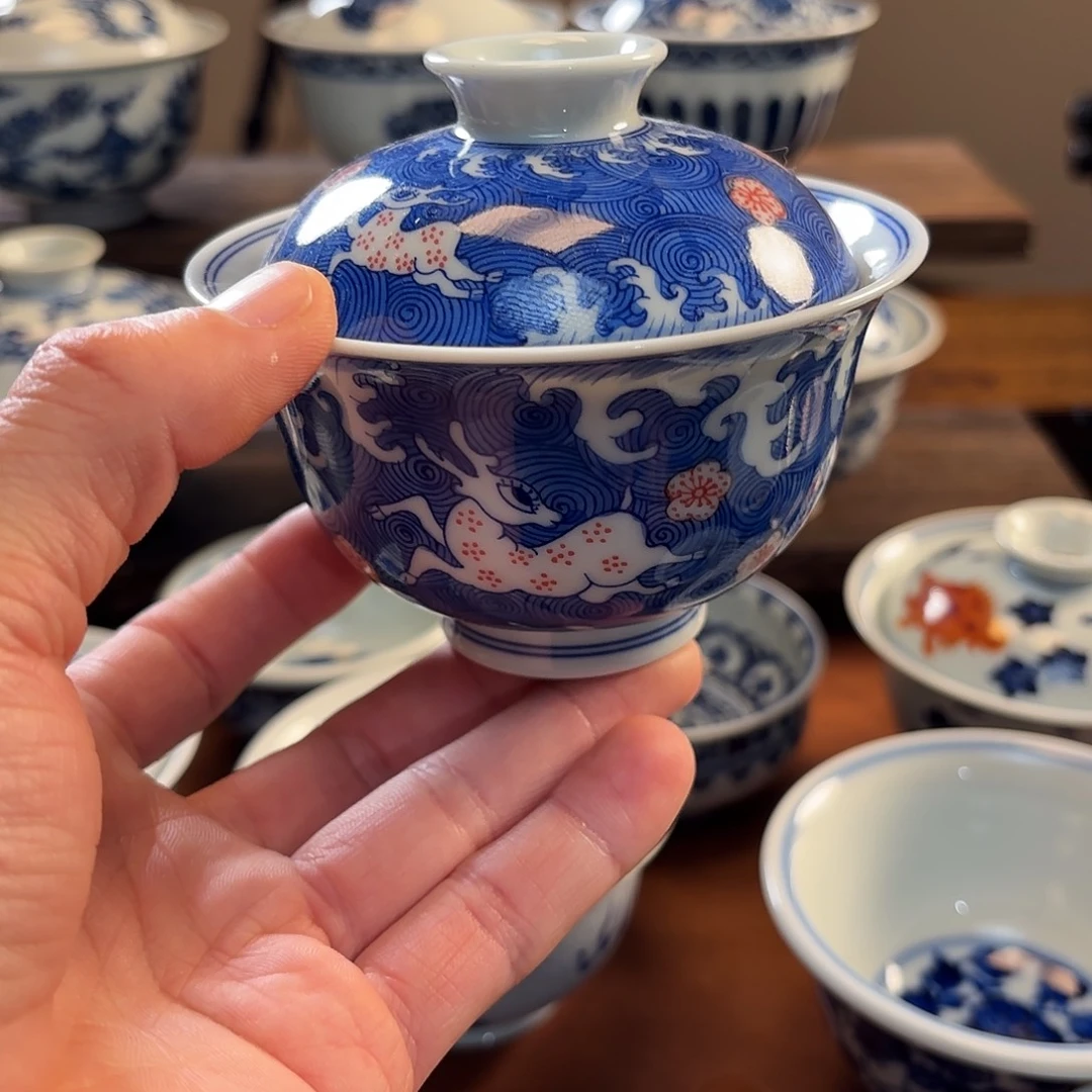 景德镇纯手工手绘海水鹿盖碗