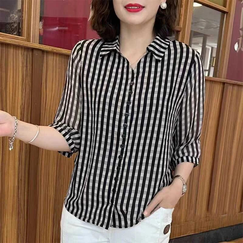 （BB26）夏季半袖垂感冰丝衬衫薄款上衣中年妈妈装遮肚显瘦