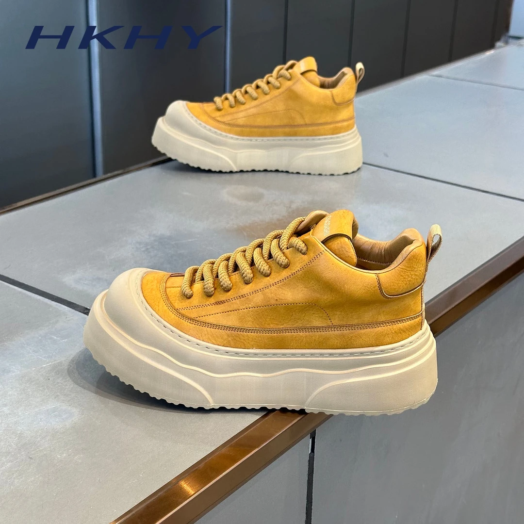 HKHY男鞋2025复古游牧风纯色厚底百搭秋冬季休闲鞋增高时尚潮流鞋