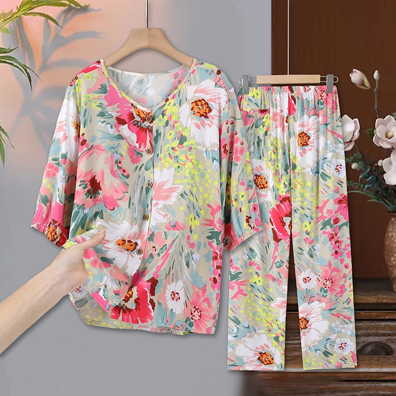 人造棉睡衣女夏季绵绸七分袖长裤套装家居服夏天空调服可外穿H90