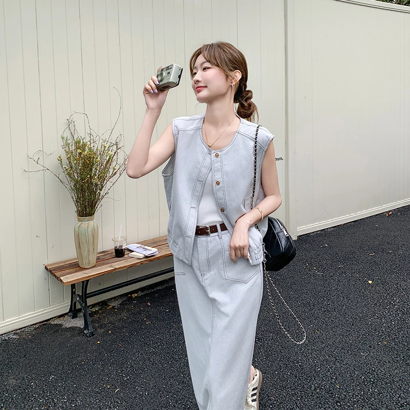 韩系时尚甜酷风牛仔套装裙女2025年夏季新款马甲半身裙廓形两件套