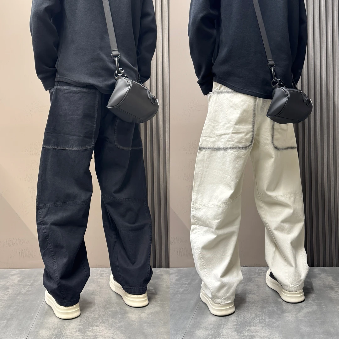 2025秋冬新款潮流拼接阔腿设计感休闲裤男阔腿美式宽松条弯刀长裤