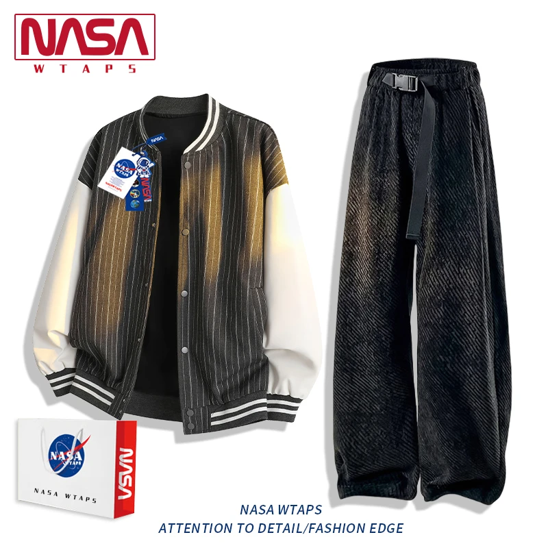 NASA WTAPS条纹夹克长裤套装男生春秋季潮流痞帅简约棒球服两件套