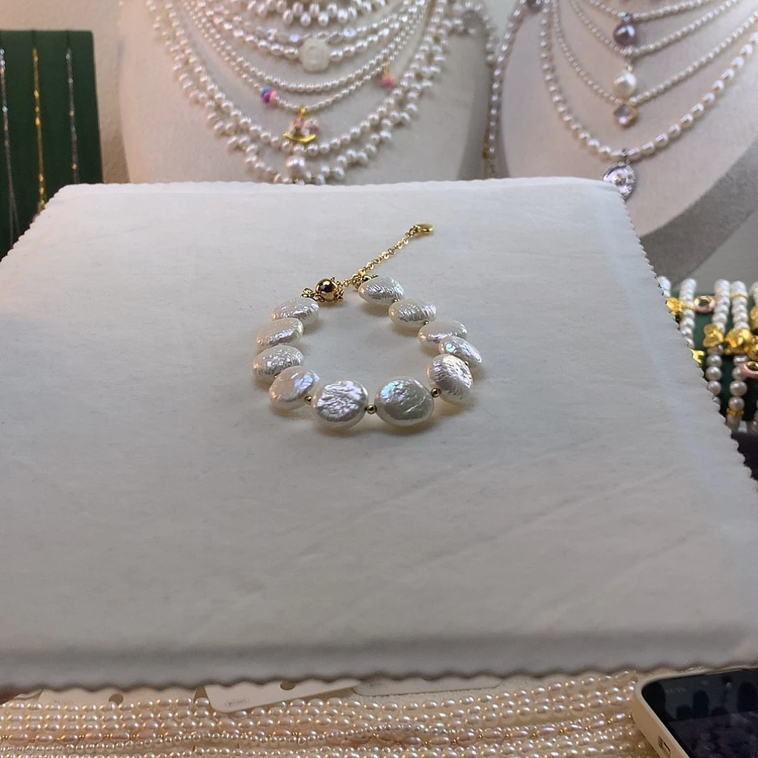 合金淡水珍珠纽扣手链银色