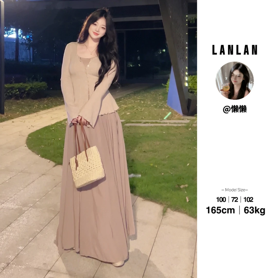 Lanlan现货【古早月光】春季新款三件套时尚显瘦开衫上衣半身裙套装