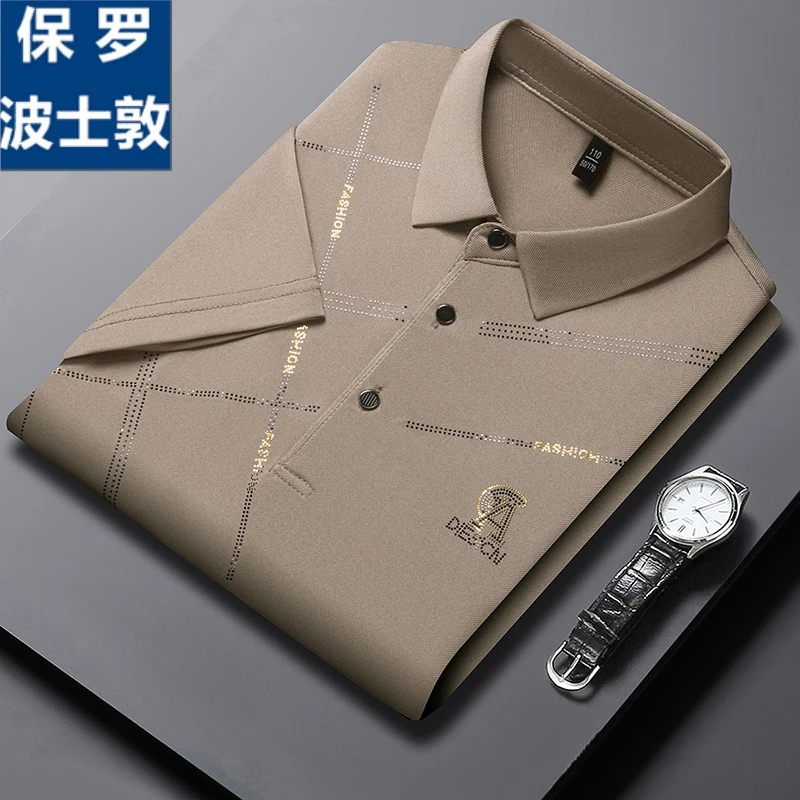 夏季男士短袖T恤冰丝薄款 中青年男装烫钻透气上衣高档翻领POLO衫