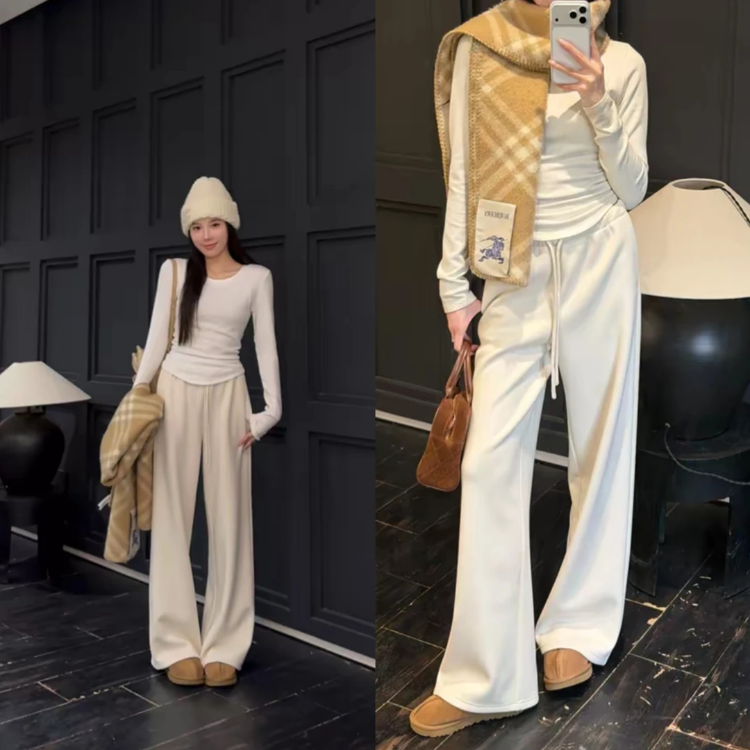 秋冬新款时尚高腰显瘦加绒保暖直筒裤休闲通勤风纯色百塔阔腿裤