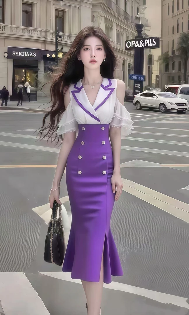 新款优雅轻奢高端大气紫色V领露肩修身收腰包臀长款连衣裙氛围感