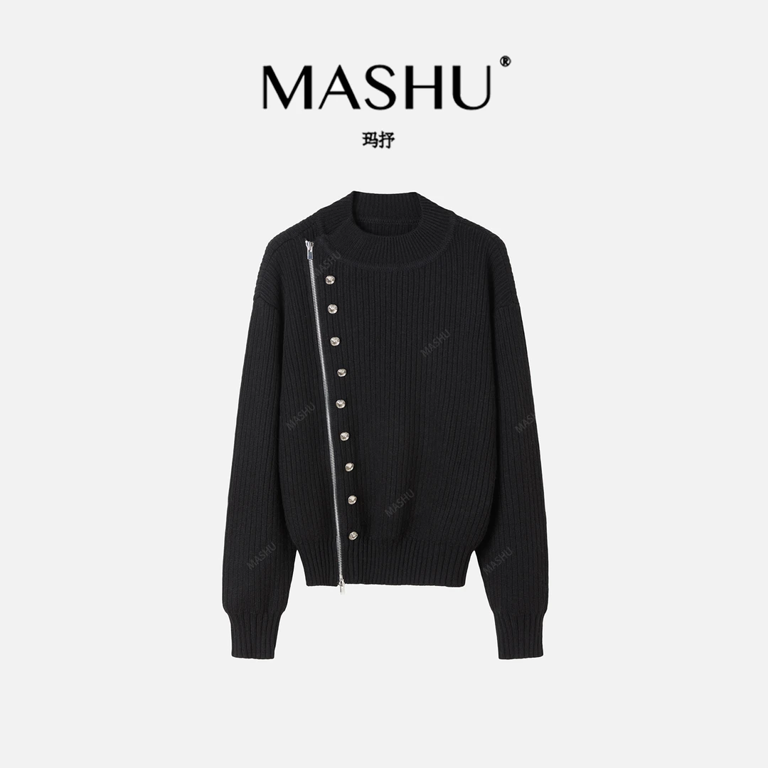 【摩登印记】慵懒高级感黑色俄贸易女秋冬斜开门襟拉链保暖上衣