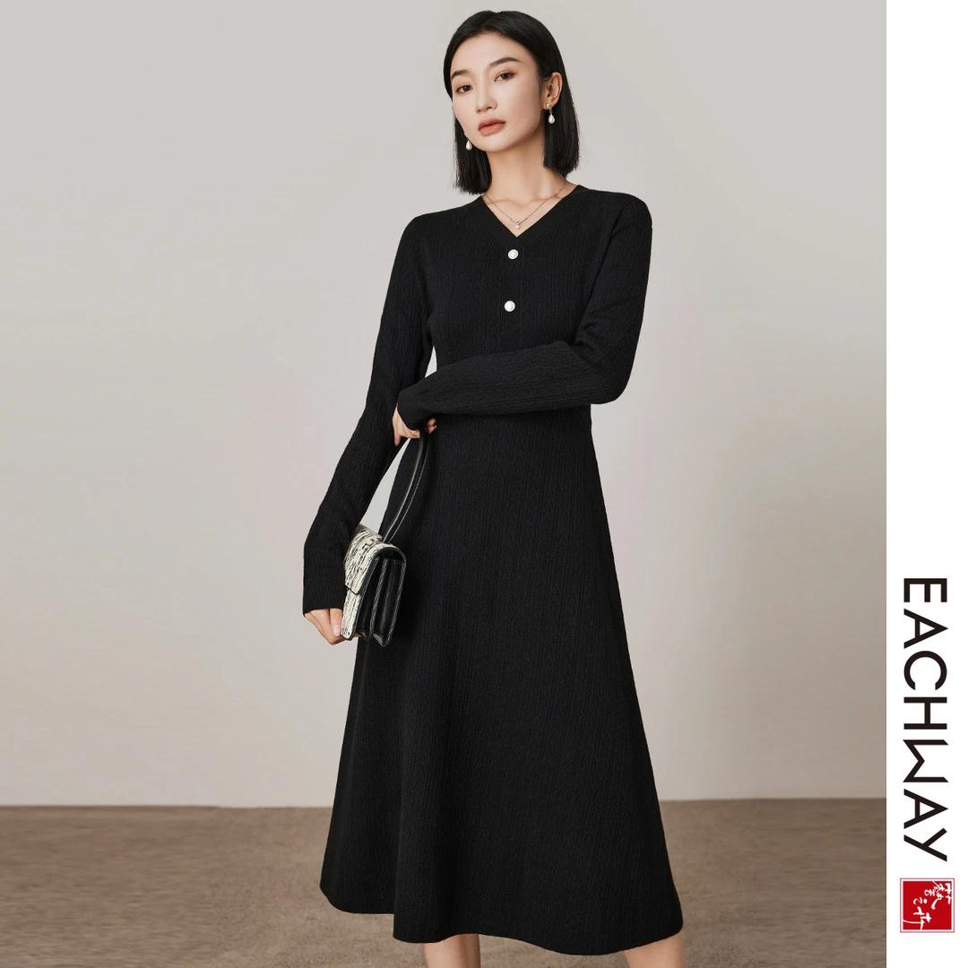 高档品质含羊毛连衣裙秋冬长袖小黑裙女1S34L11066