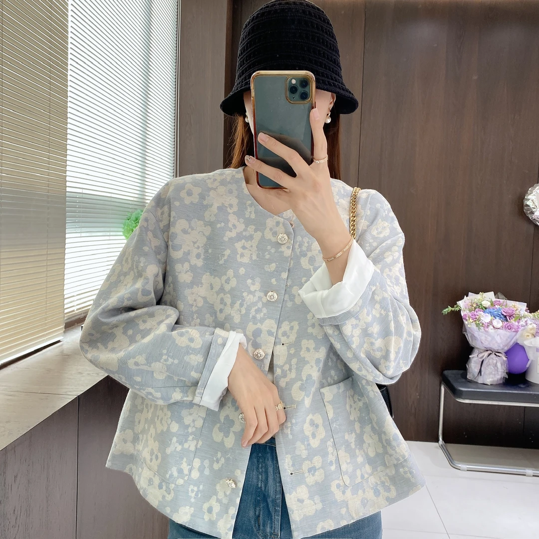 金小金自制女装 短外套DYW8926新中式国风圆领印花单排扣短上衣