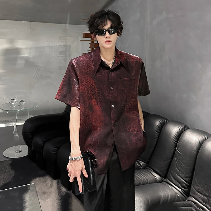 豹纹冰丝短袖衬衫男款夏季高街痞帅垫肩衬衣潮牌复古半截袖高级感