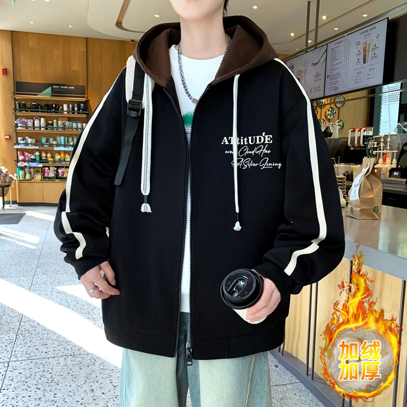 秋冬季加绒加厚夹克潮流连帽男士青少年宽松男士学生大童宽松外套