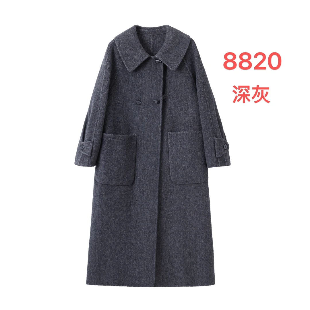 【轩轩】韩版绵羊毛双面呢大衣牛角扣娃娃领女长款2025新款气质百搭