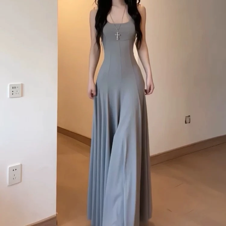 Y9439高级方领灰色吊带春夏百搭赫本风气质洋气衣服女收腰连衣裙