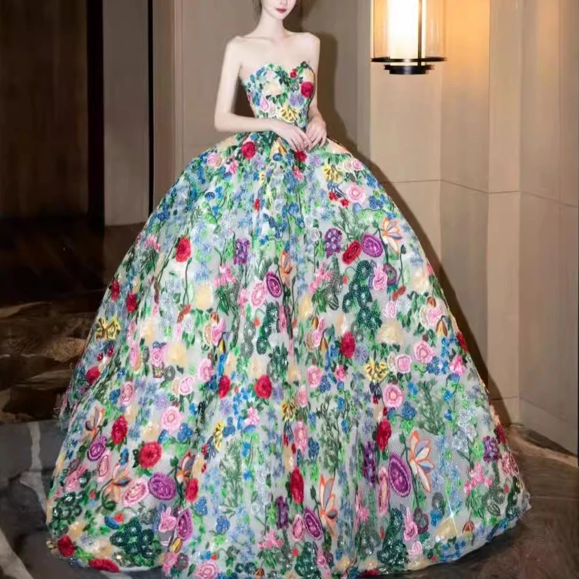 莫奈花园旅拍婚纱公主裙2025新款抹胸宫廷风彩纱婚纱晚礼服蓬蓬裙