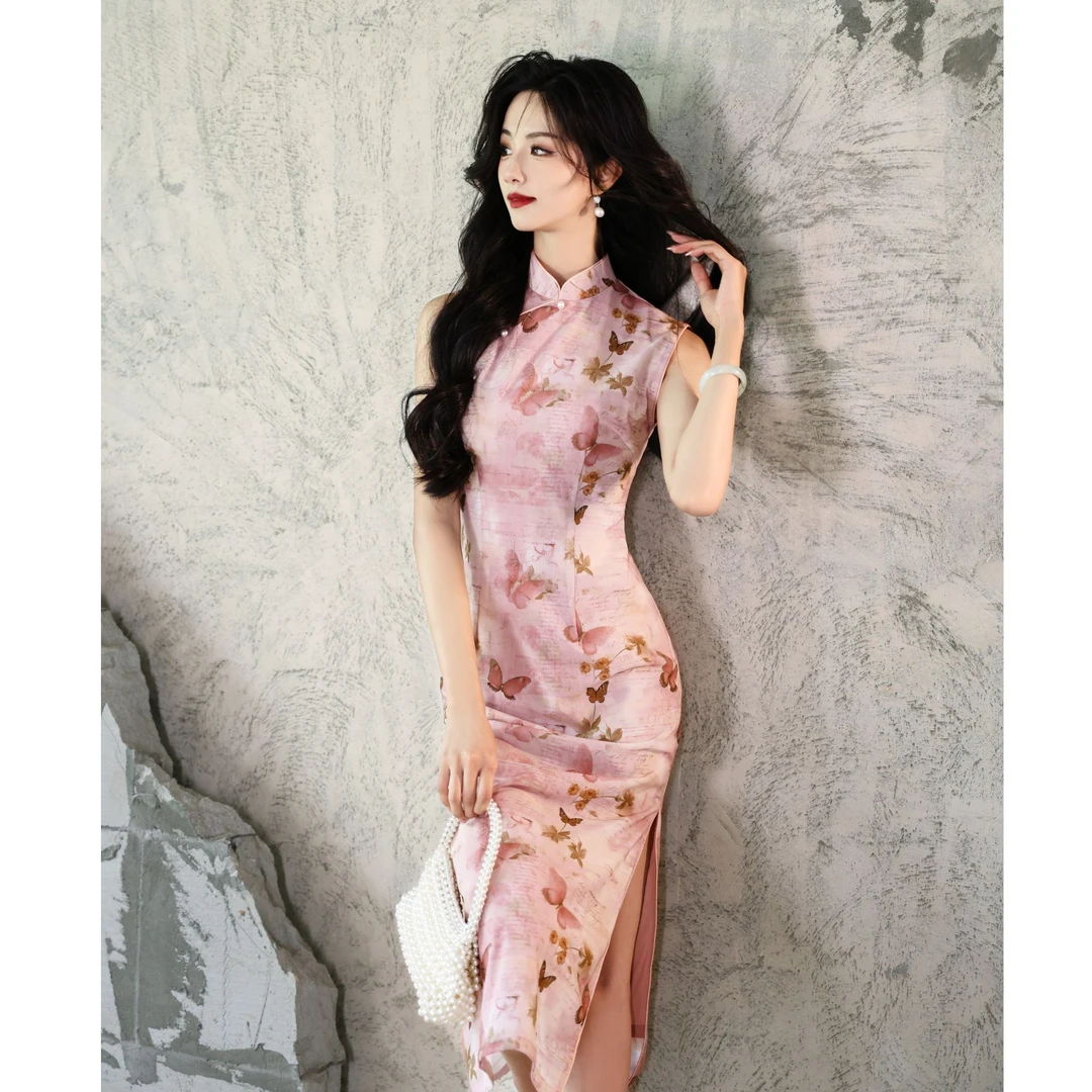 苏故里【粉黛蝶花】文艺港风复古夏季日常旗袍立领显瘦修身衣长120