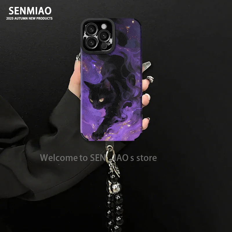 适用【苹果/oppo/华为/vivo/小米】紫运黑猫小羊皮防摔手机壳女款