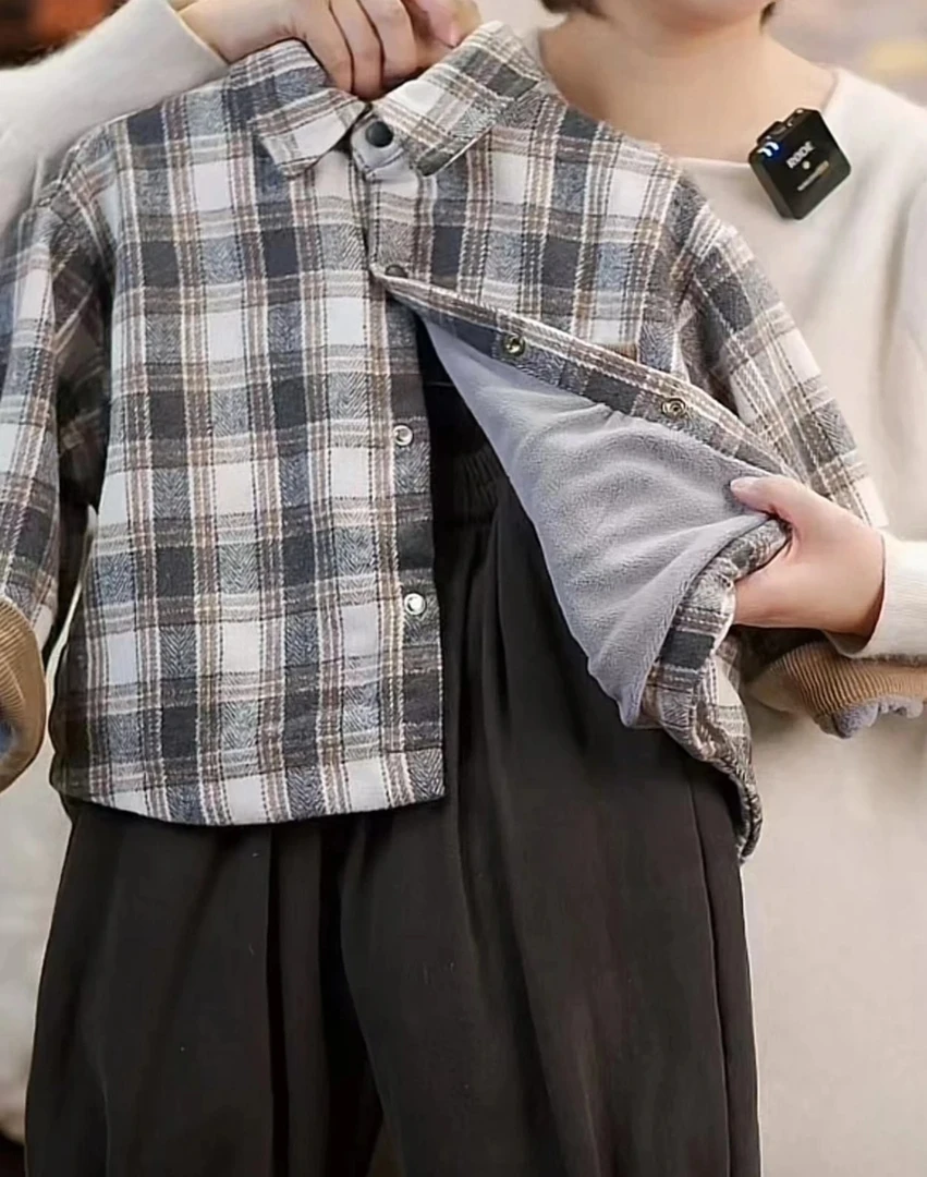 【3091】男童加绒衬衫通用长袖男格子纯色春秋衬衫百搭牛仔复古上衣