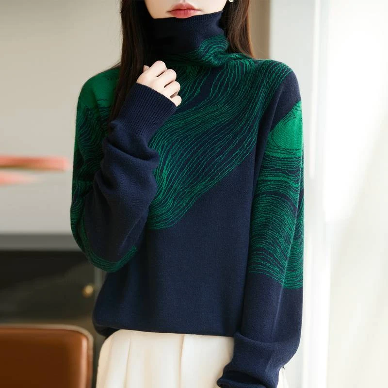 2025秋冬女藏青毛衣墨绿高领纯100羊毛毛衣波浪纹理复古显瘦保暖