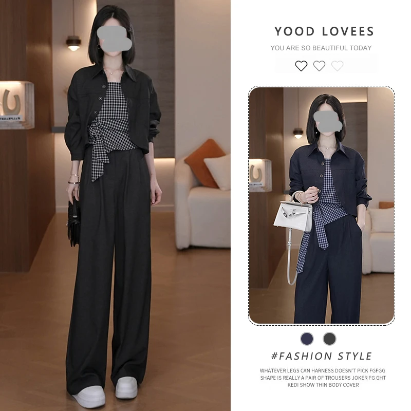 时尚韩版复古休闲套装女2025春秋季新款短款开衫外套阔腿裤三件套