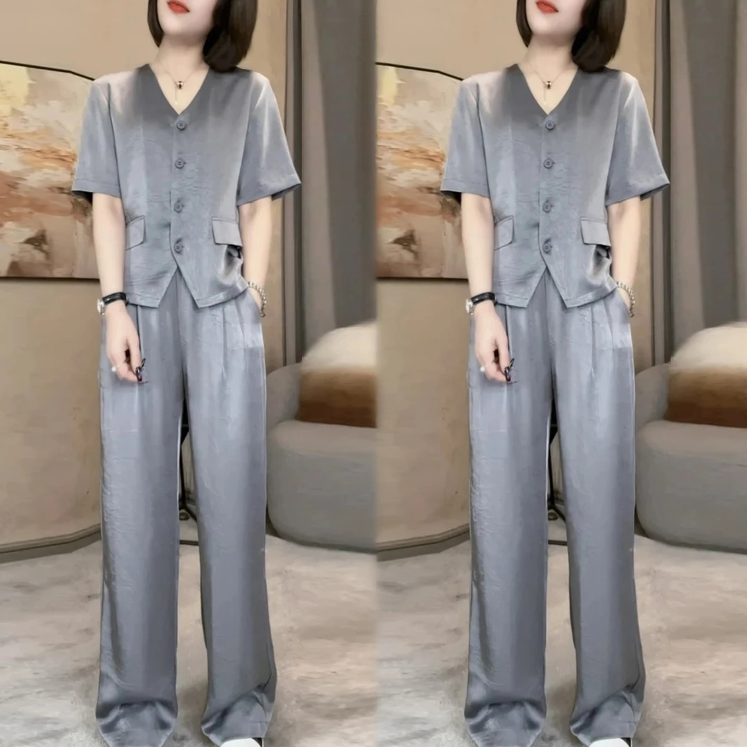 2025夏季新款短袖时尚套装气质感女人味直筒裤套装套装显瘦洋气