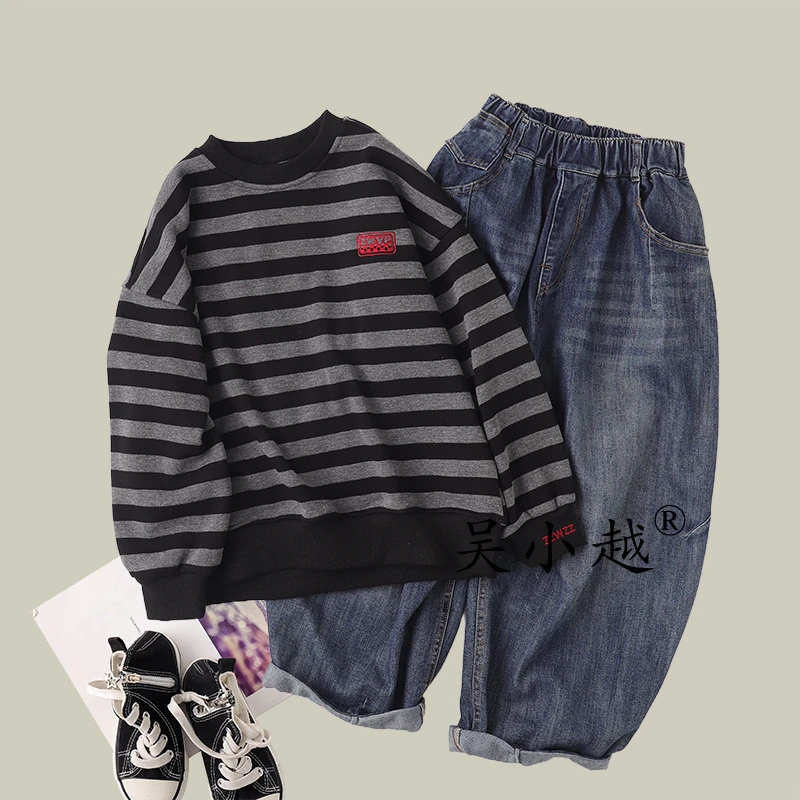 吴小越w1624男童加绒条纹卫衣秋冬新款韩版宽松儿童上衣男孩冬装