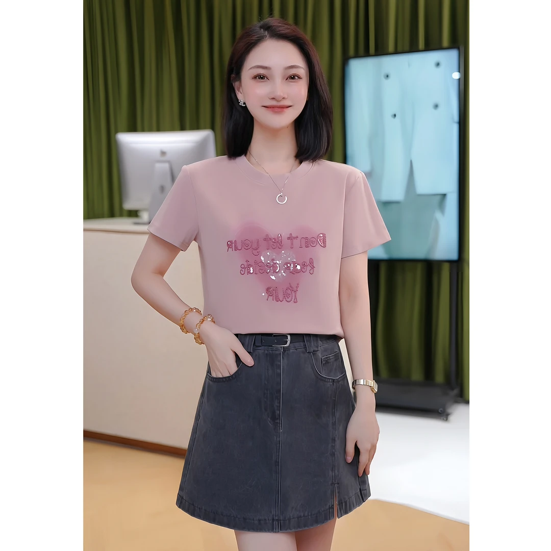 艾格2025年新款永远的爱刺绣气质短袖T恤时尚休闲百搭春夏季修身